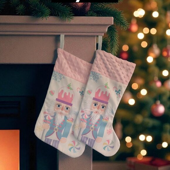 Set of 2 Pink Nutcracker Christmas Stockings – Peppermint Candy Pastel Holiday - Picture 3 of 3